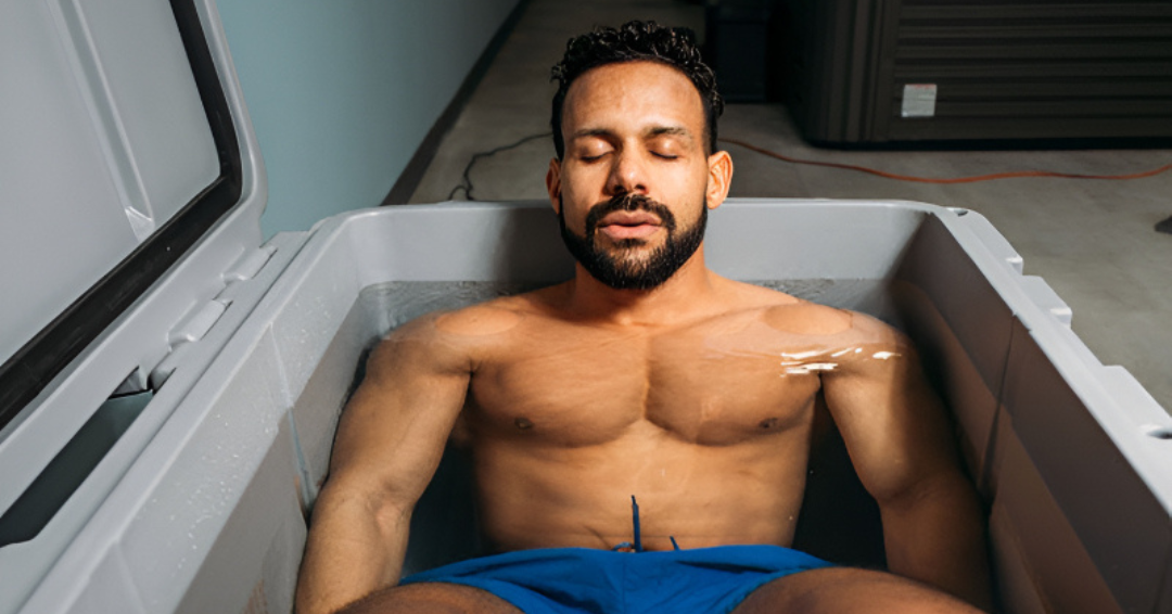 Man on a Cold Plunge after Sauna