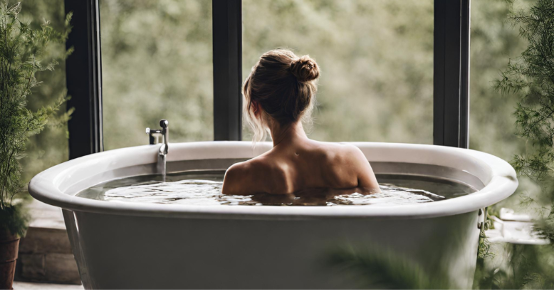 Pregnant Woman on a Cold Plunge  White Tub