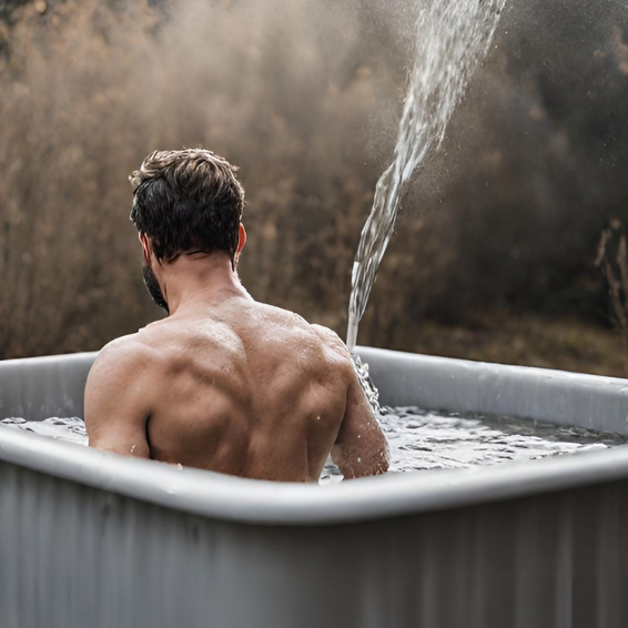 Man taking a cold plunge on a tub outdoor