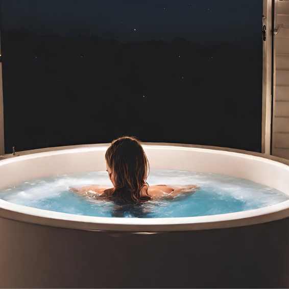 Woman taking a cold plunge at night