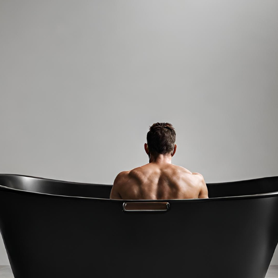 Man having a cold plunge on a black tub